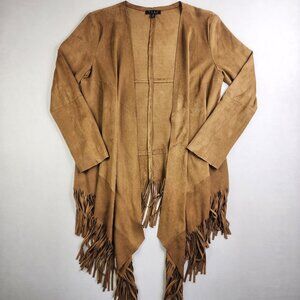TCEC Open Front Fringe Size S Small Long Cardigan Brown Mineral Wash Faux Suede